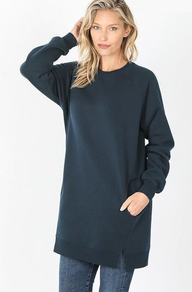 Women's oversized long tunic sweatshirt in midnight navy with pockets and side slits.