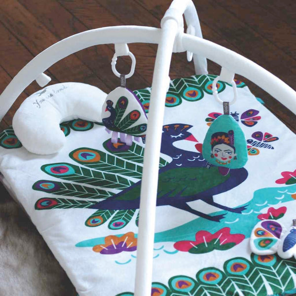 Peacock baby decor and toys. Playmat with playbar.