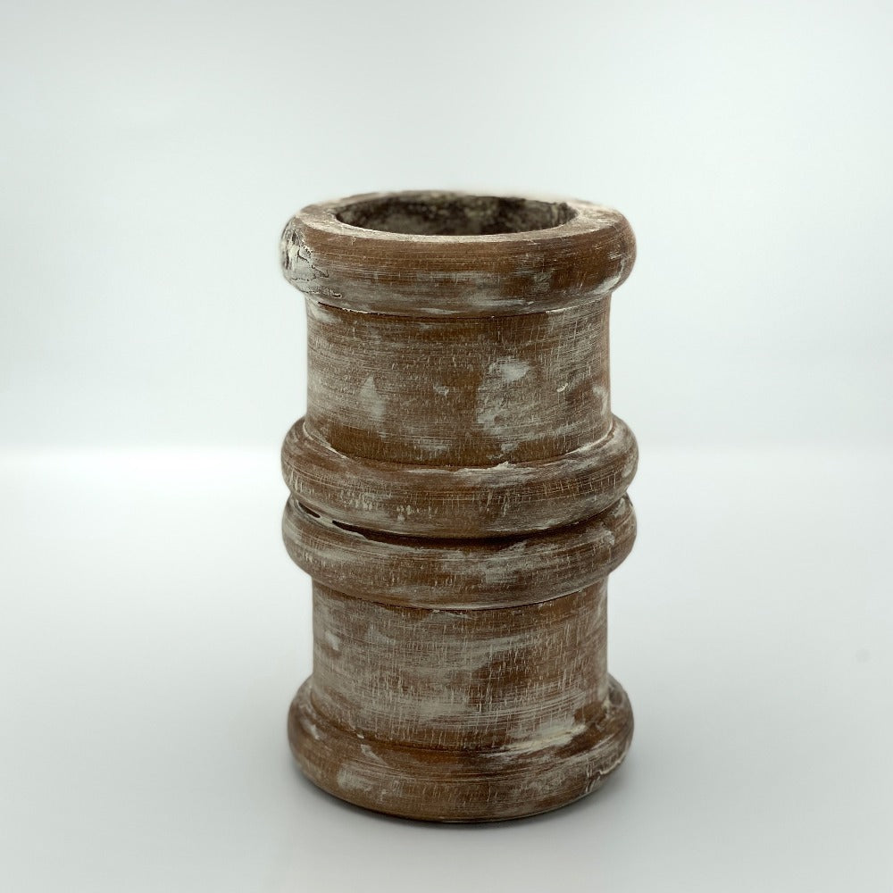 Short round pillar candle holder wood.