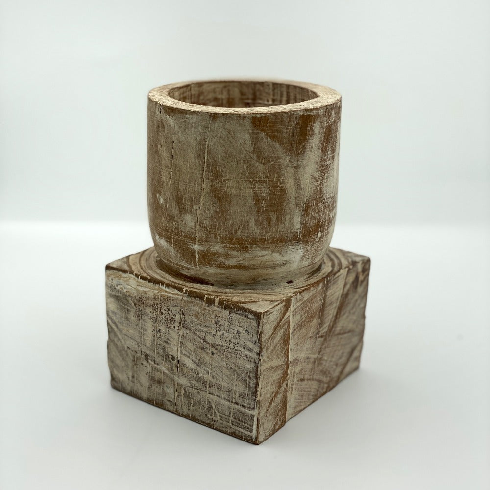 Short square pillar candle holder wood.