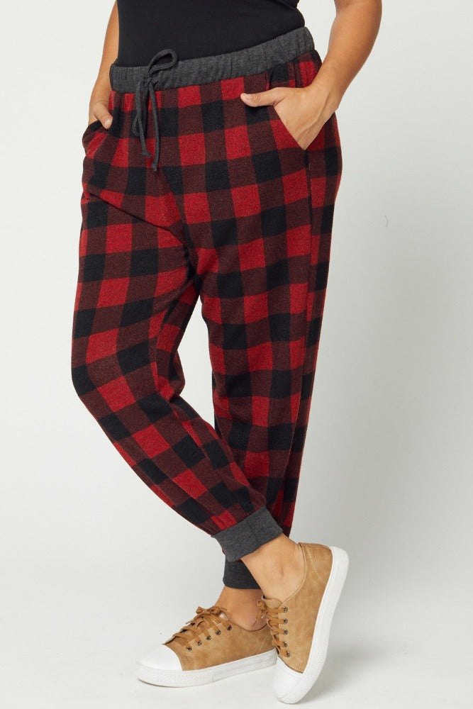 Plus size red plaid pajamas with side pockets.
