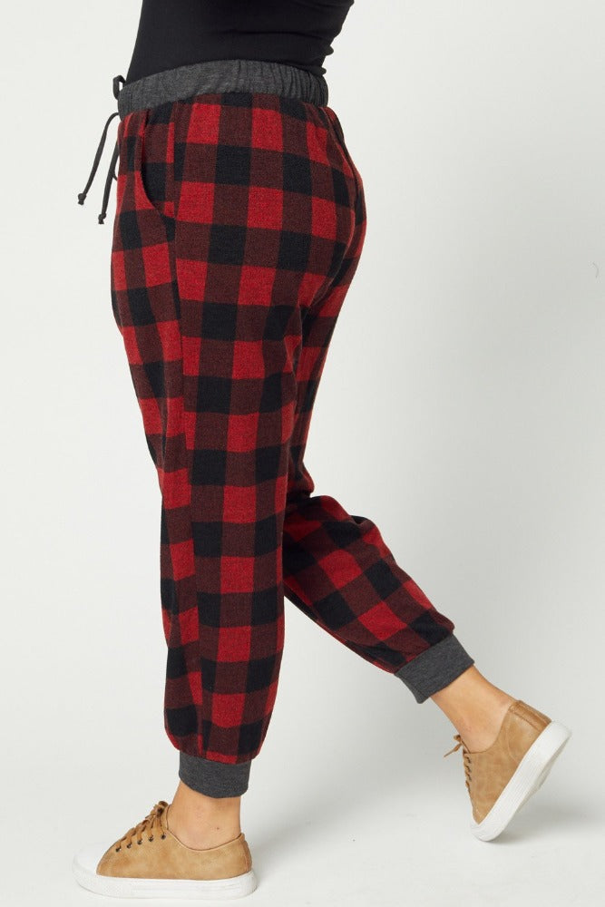 Plus size red plaid pajamas. Side view.