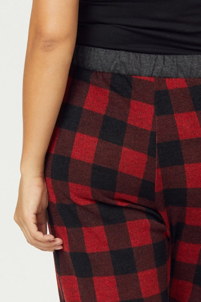 Plus size red plaid pajamas. Close up view of seat.