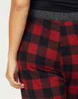 Plus size red plaid pajamas. Close up view of seat.