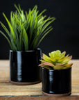 Small pottery planters in black glaze.