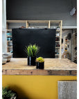 Pottery planters in black shown in photo shoot setup.