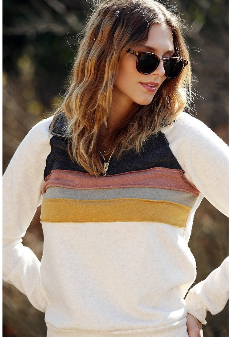 Retro striped pullover - women&#39;s top with 3/4 zip front.