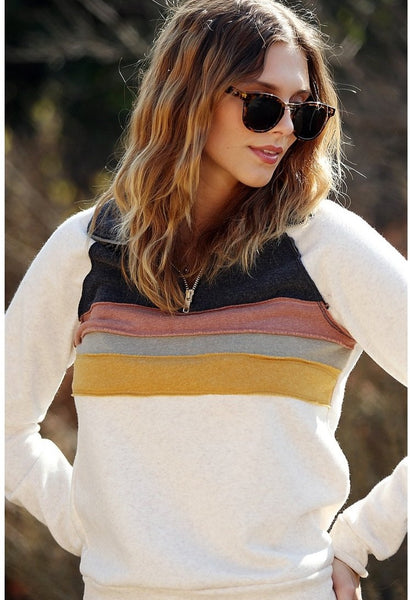 Retro striped pullover - women's top with 3/4 zip front.