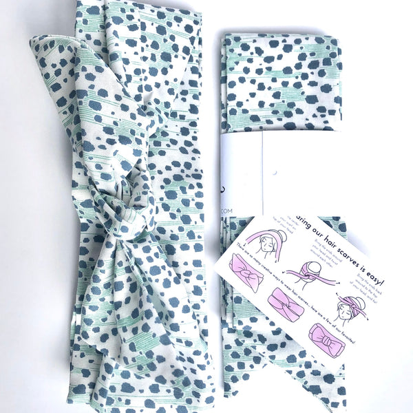 Cute hair scarf styles. Organic river waves pattern with info card with instructions how to tie.