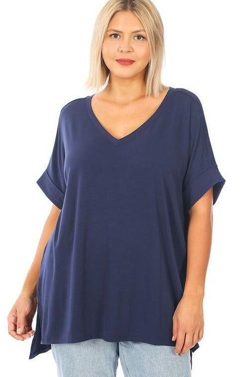 Basic Tees Women Plus Size: Short sleeve v-neck with rolled sleeve navy