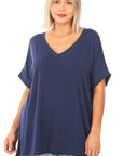 Basic Tees Women Plus Size: Short sleeve v-neck with rolled sleeve navy