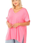 Basic Tees Women Plus Size: Short sleeve v-neck with rolled sleeve bright pink