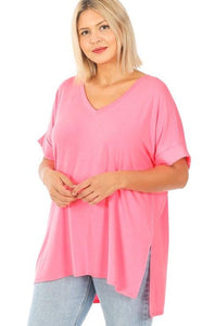 Basic Tees Women Plus Size: Short sleeve v-neck with rolled sleeve bright pink