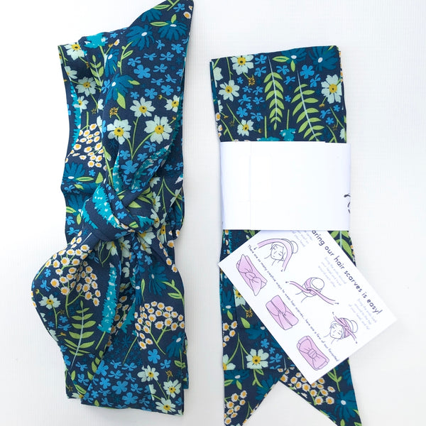 Cute silk hair scarves. Secret garden print with info card with instruction on how to tie.