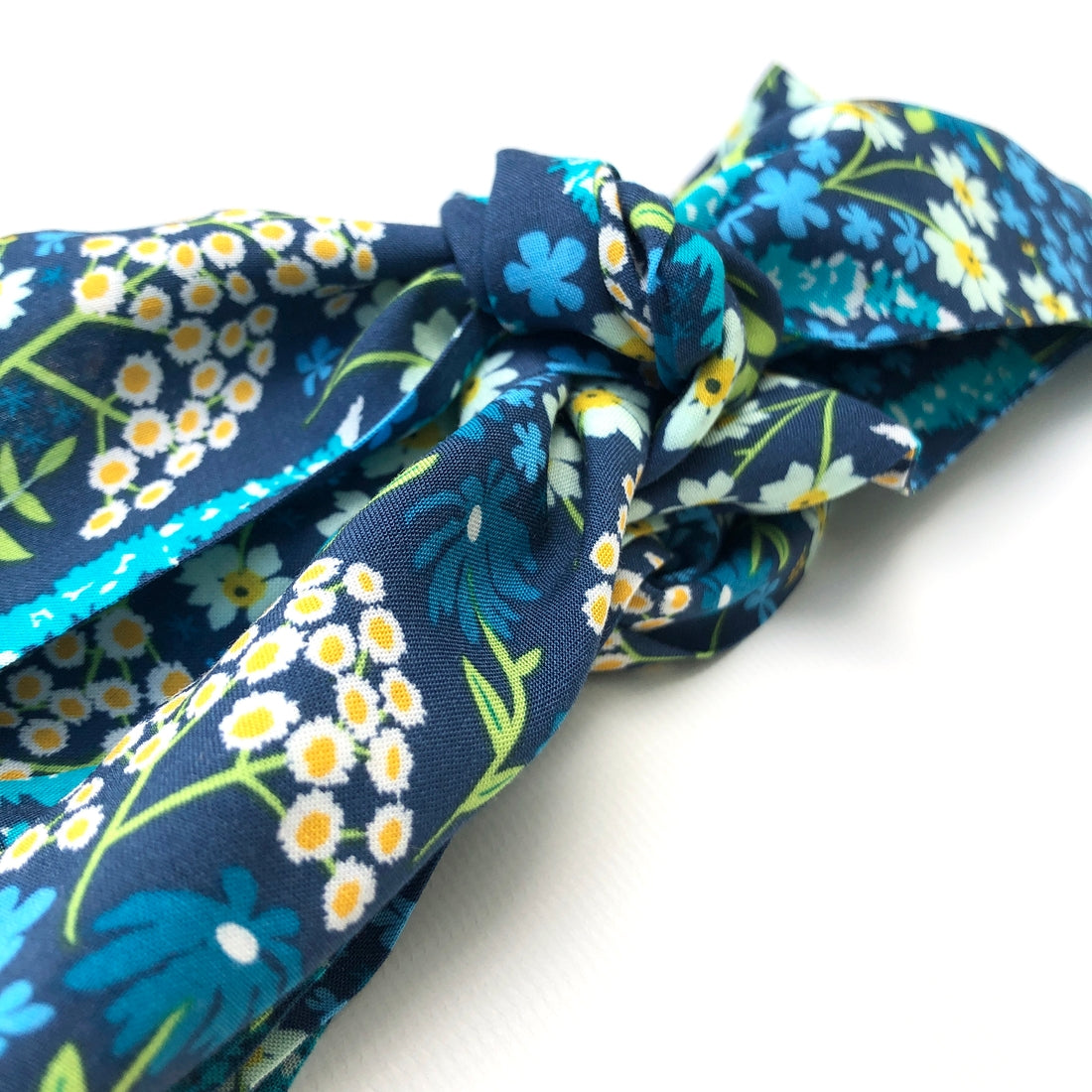 Cute silk hair scarves. Secret garden print shown close up.