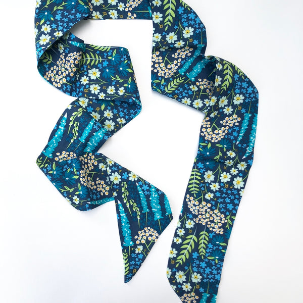 Cute silk hair scarves. Secret garden print shown untied.