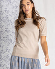 Untucked view of Short sleeve sweater women's top in oatmeal color.