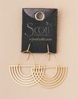 Art deco earrings gold solar rays shape on leather display card.