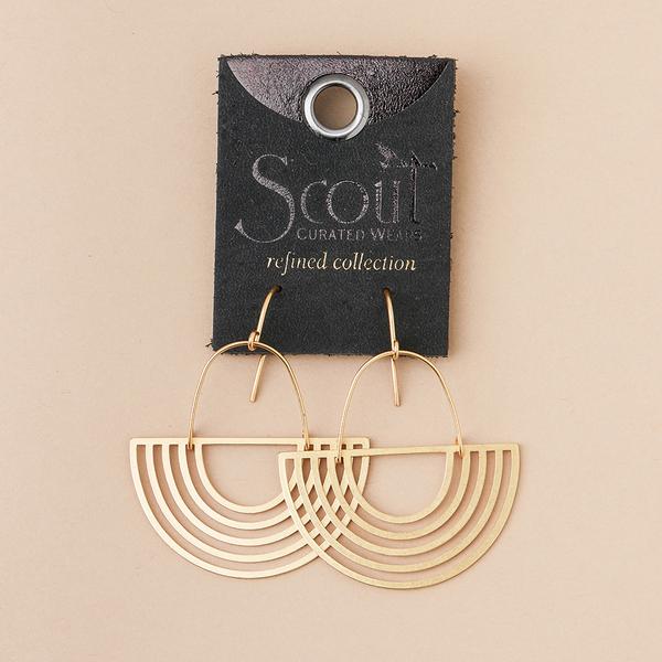 Art deco earrings gold solar rays shape on leather display card.
