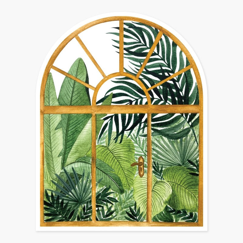Stickers for a laptop. Window into a glasshouse filled with plants.