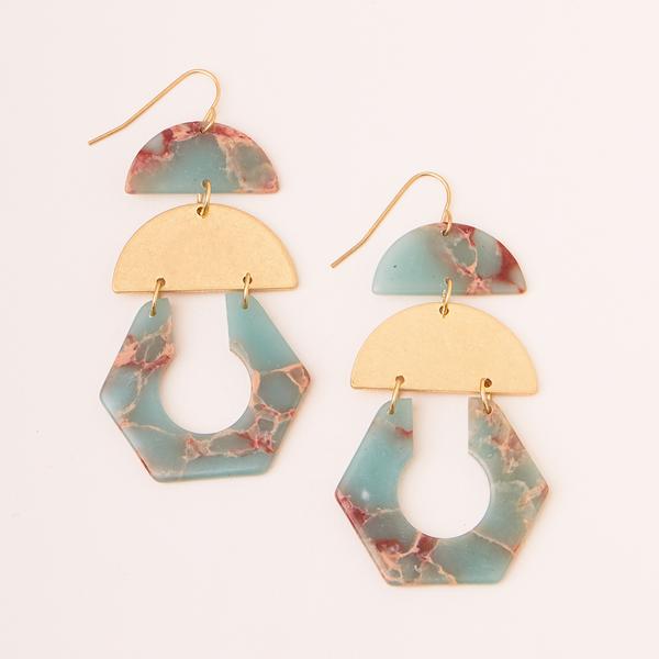 Gold stone chandelier earrings in beautiful aqua terra stone and gold.