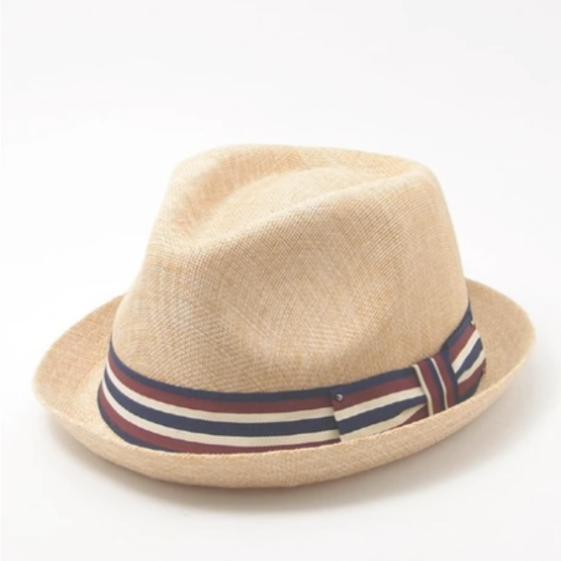 Straw fedora hat for women with cream, red, and blue striped band.