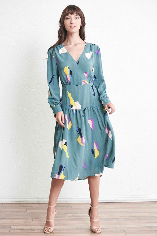 Surplice dress, long sleeve in abstract print.