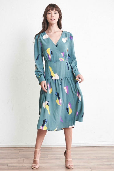 Surplice dress, long sleeve in abstract print.