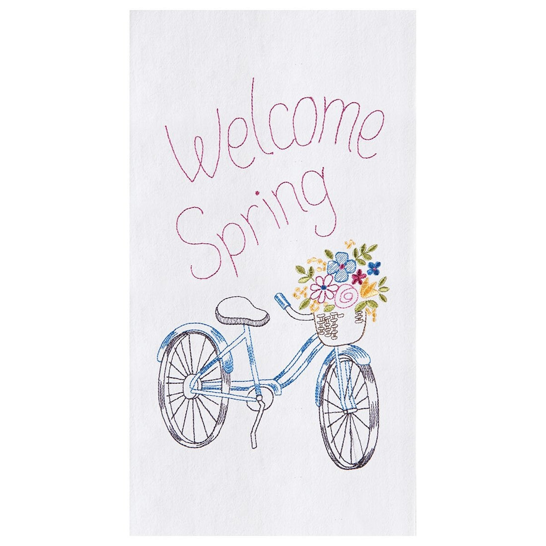 Easter decor for the home. Flour sack towel with embroidered bicycle with basket and flowers and words "Welcome Spring".