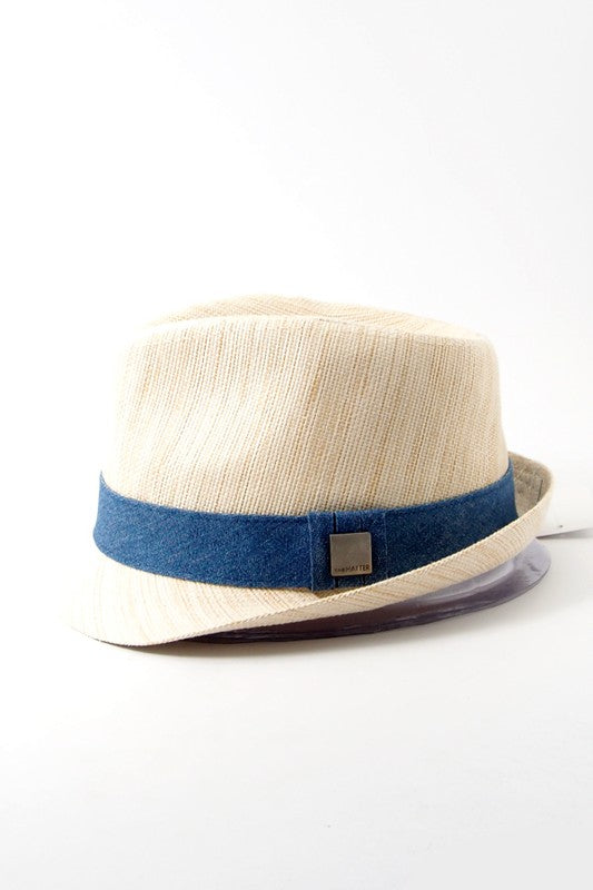 Side view of women&#39;s straw fedora hat.