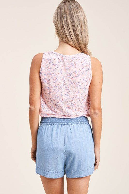 Women's drawstring chambray shorts rear view.