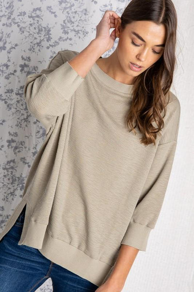 Women's loose fit tops. Olive colored rib knit.