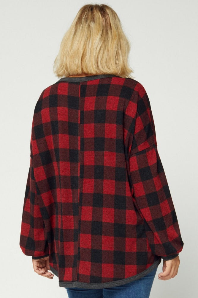 Women&#39;s plus size buffalo plaid pajamas. Back view.