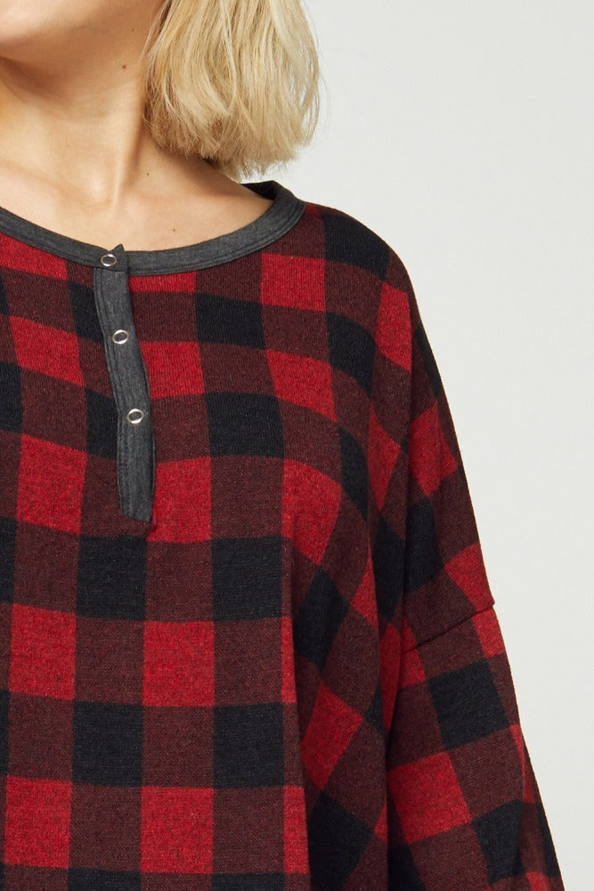 Women&#39;s plus size buffalo plaid pajamas. Close up view of neckline.