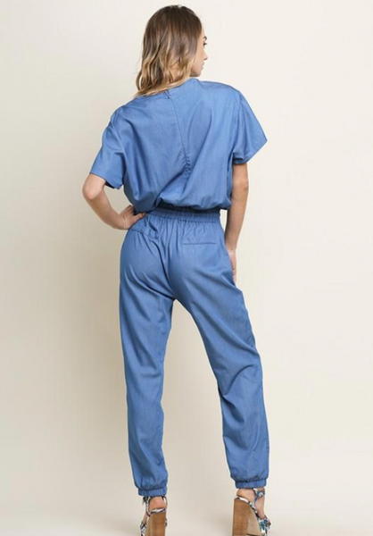 Womens short sleeve jumpsuit in chambray full length back view.