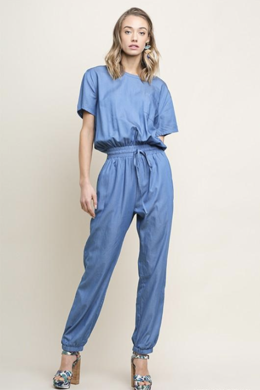 Womens short sleeve jumpsuit in chambray.