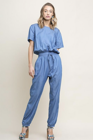 Womens short sleeve jumpsuit in chambray.